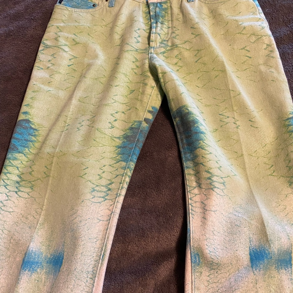 Snakeskin print. Waist 32”. Inseam 32”. Somewhat shiny. Worn once.